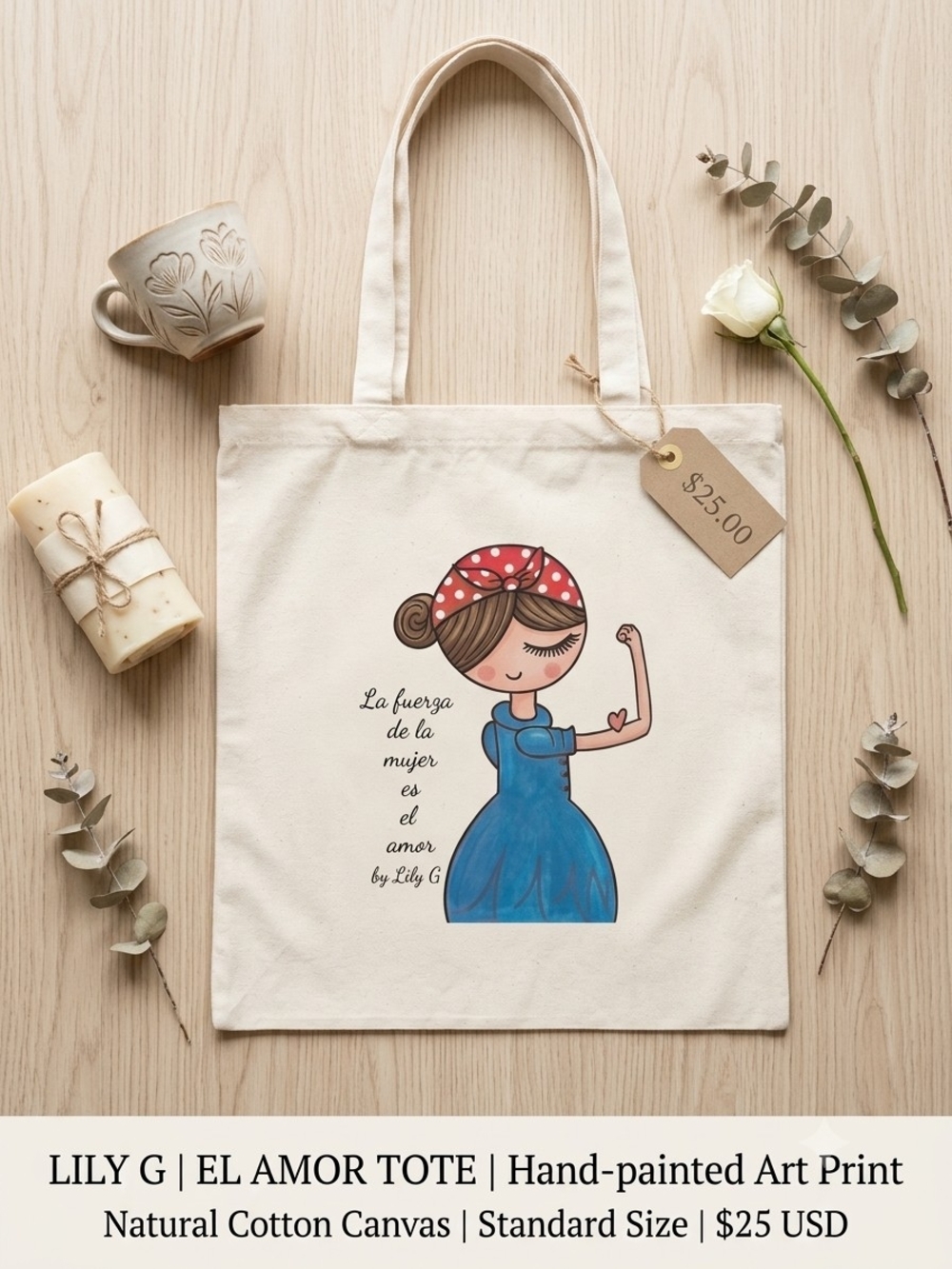 Lily Natural Canvas Tote with Blue Dress Illustration